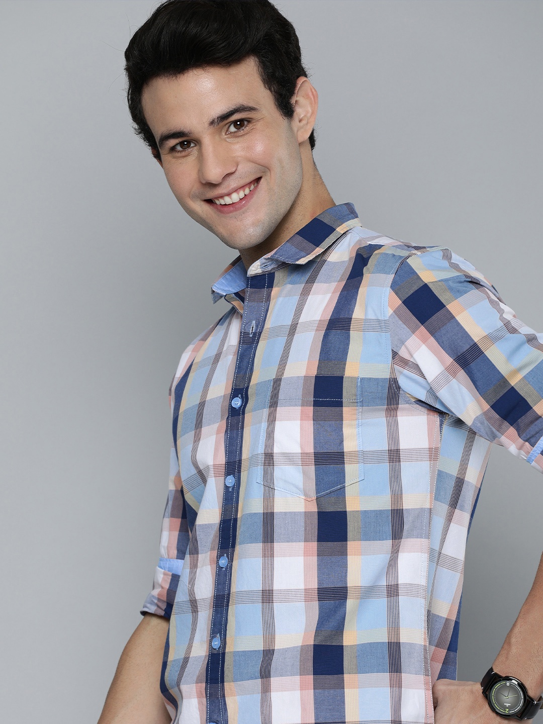 

Mast & Harbour Men Blue Tartan Checked Pure Cotton Casual Shirt