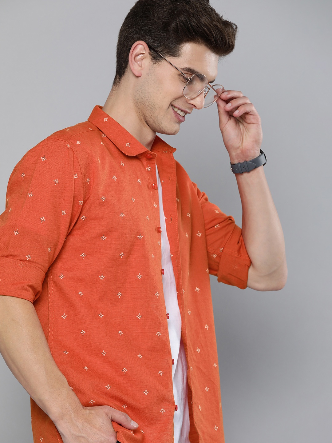 

Mast & Harbour Men Orange Opaque Printed Cotton Linen Casual Shirt