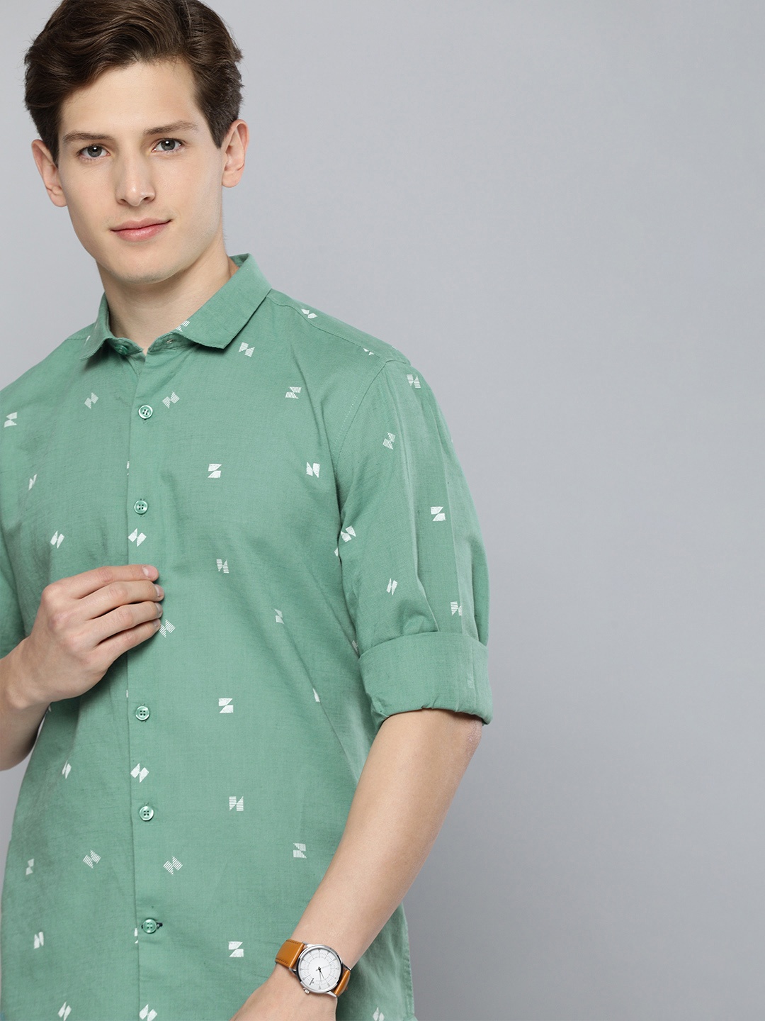 

Mast & Harbour Men Teal Blue & Cotton Linen Slim Fit Shirt