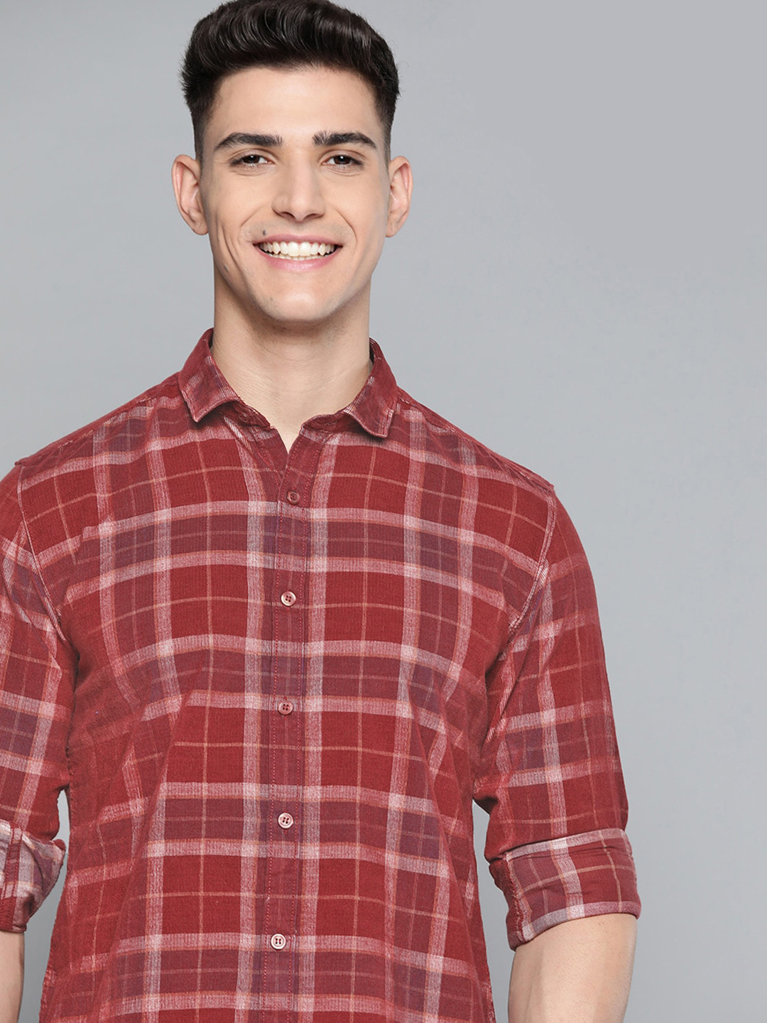 

Mast & Harbour Men Red Pure Cotton Checked Corduroy Casual Shirt