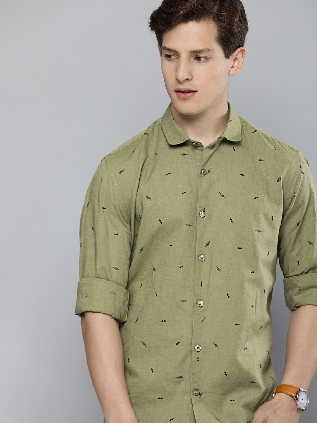 

Mast & Harbour Men Olive Green Slim Fit Printed Cotton Linen Casual Shirt
