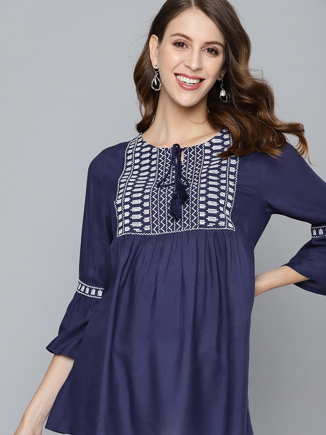 

HERE&NOW Women Navy Blue & White Geometric Yoke Design A-Line Kurti