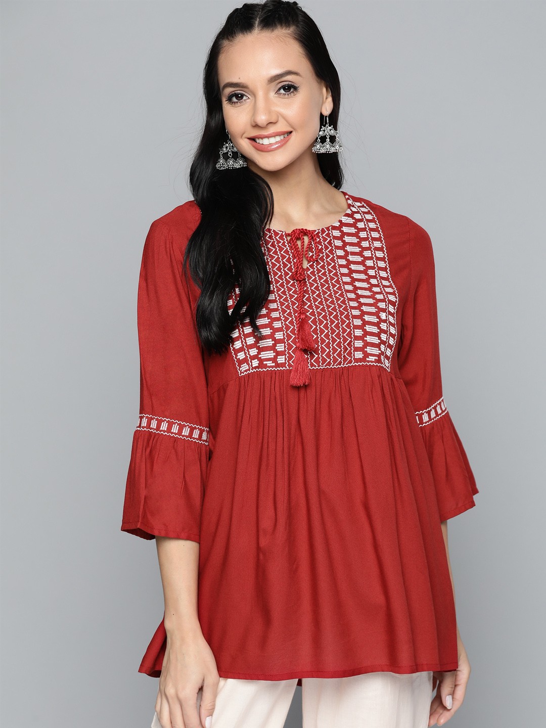 

HERE&NOW Red Geometric Yoke Design Flared Sleeves Pleated A-Line Kurti