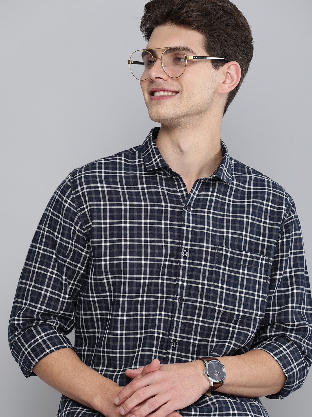 

Mast & Harbour Men Navy Blue & White Checked Slim Fit Cotton Linen Casual Shirt