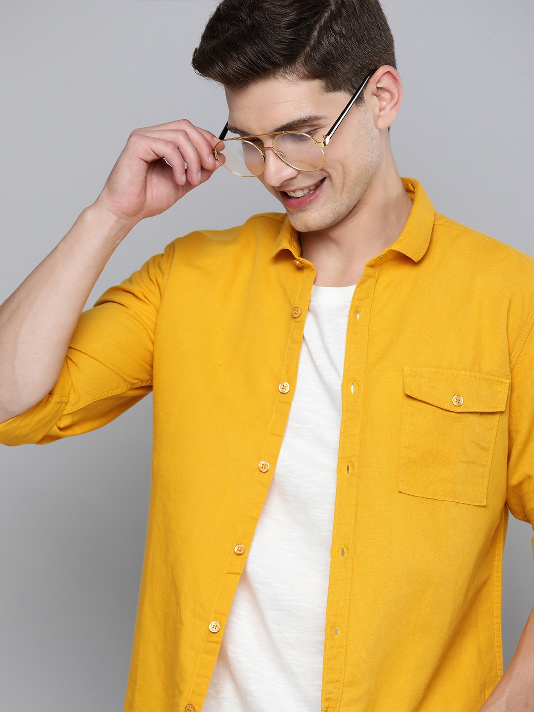 

Mast & Harbour Men Mustard Yellow Slim Fit Cotton Linen Casual Shirt