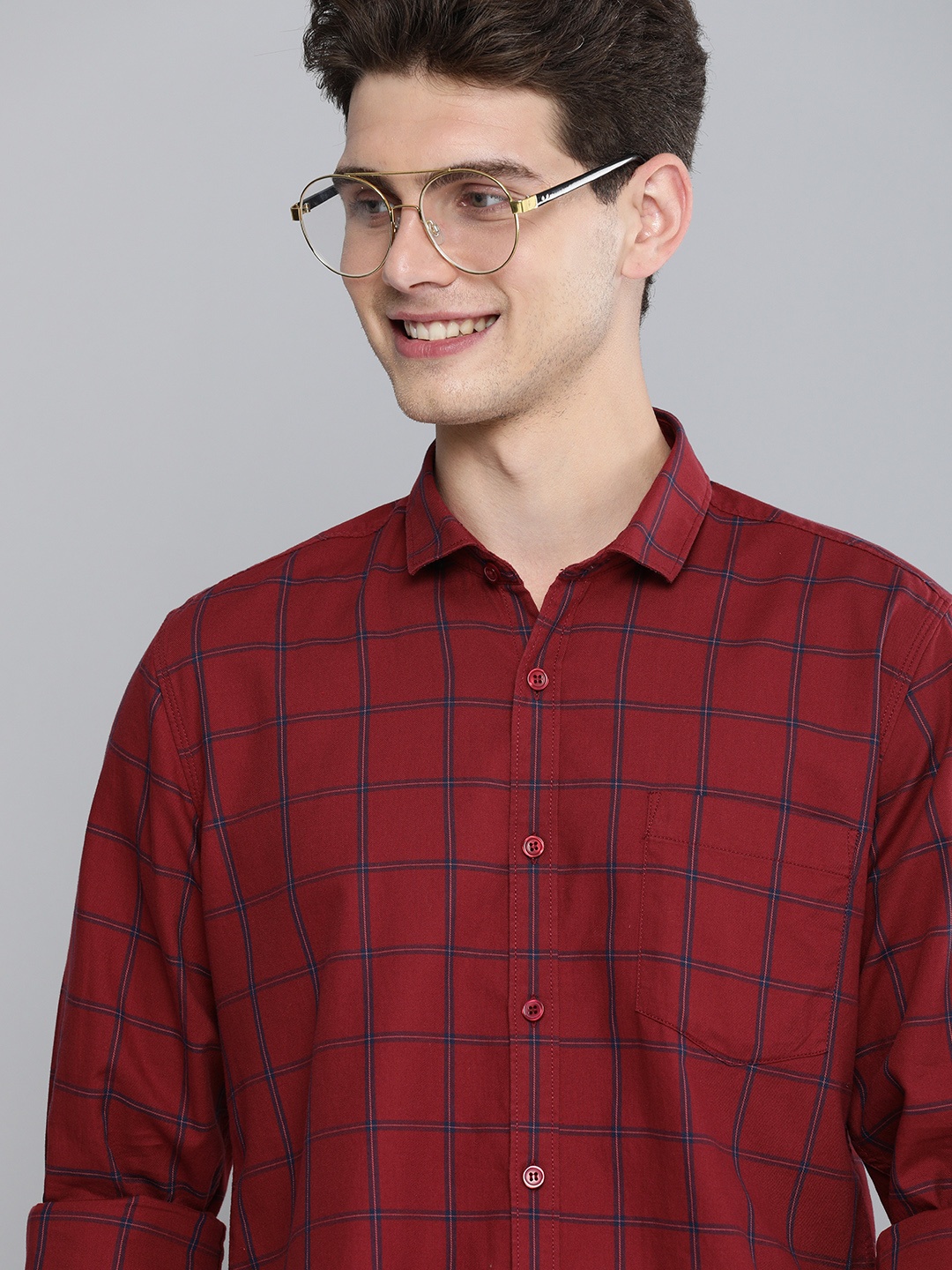 

Mast & Harbour Men Red Windowpane Checked Slim Fit Pure Cotton Casual Shirt