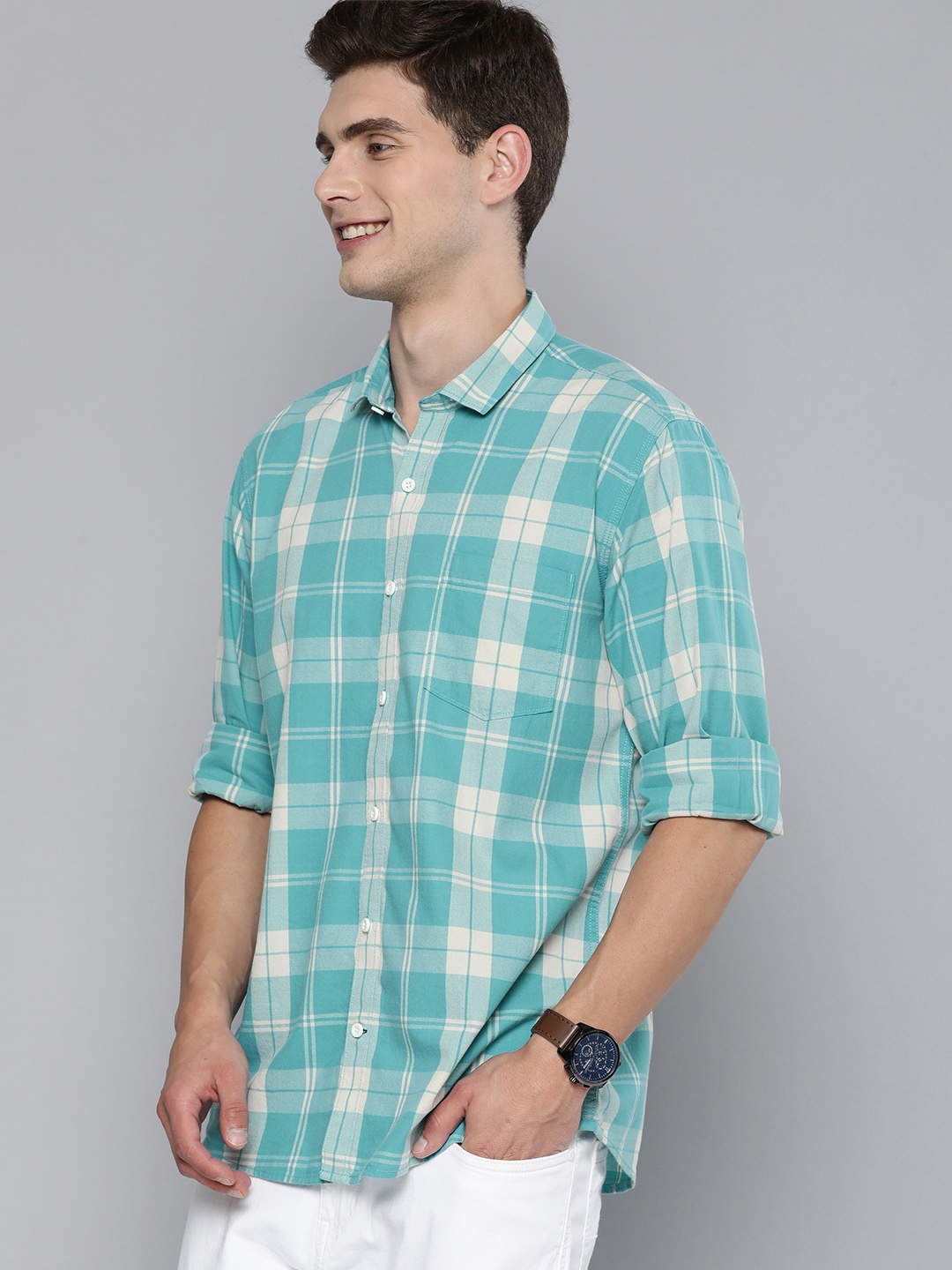 

M&H Our Water Men Turquoise Blue & Off White Slim Fit Checked Sustainable Casual Shirt