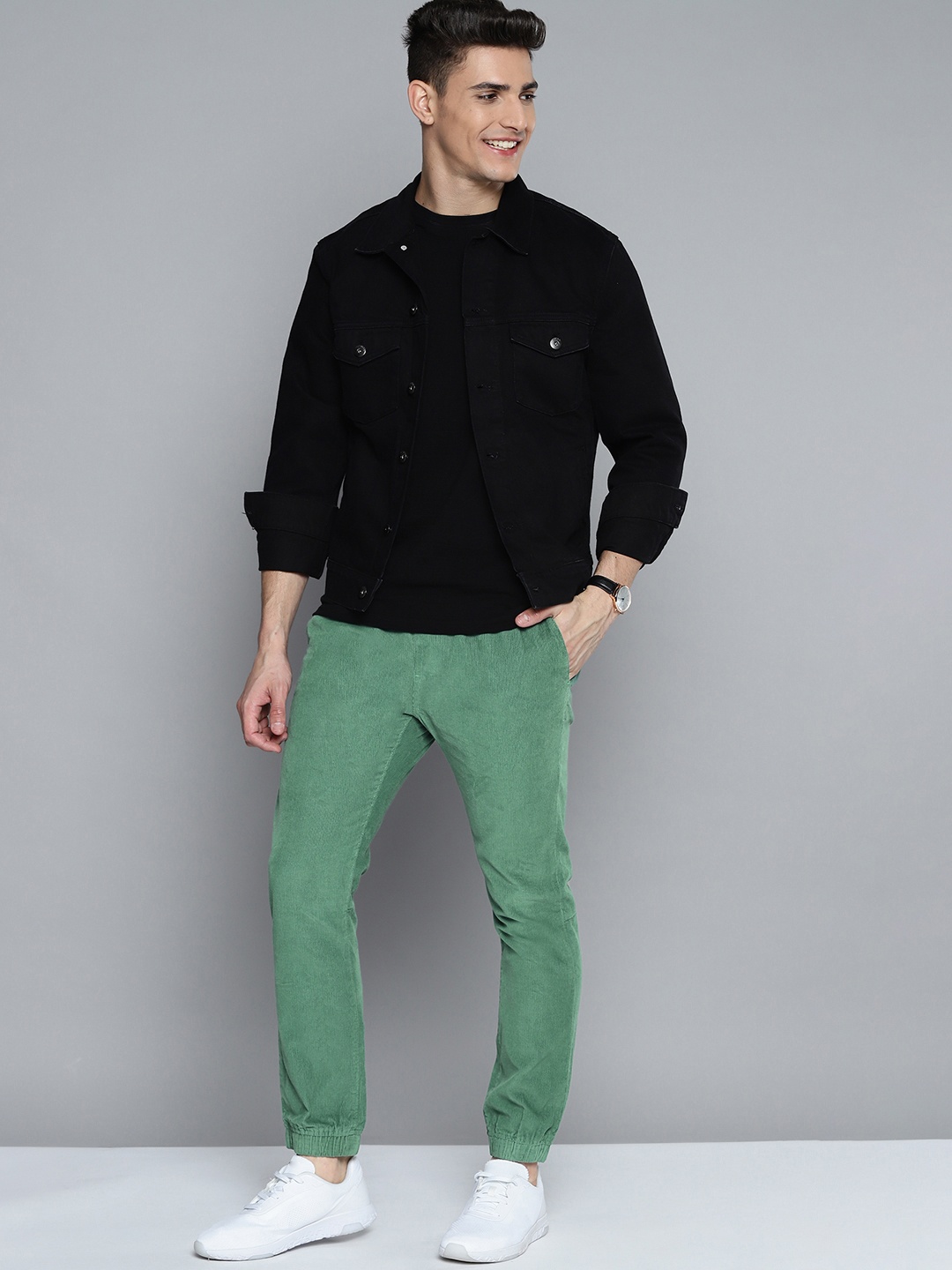 

Mast & Harbour Men Sea Green Solid Pure Cotton Corduroy Joggers