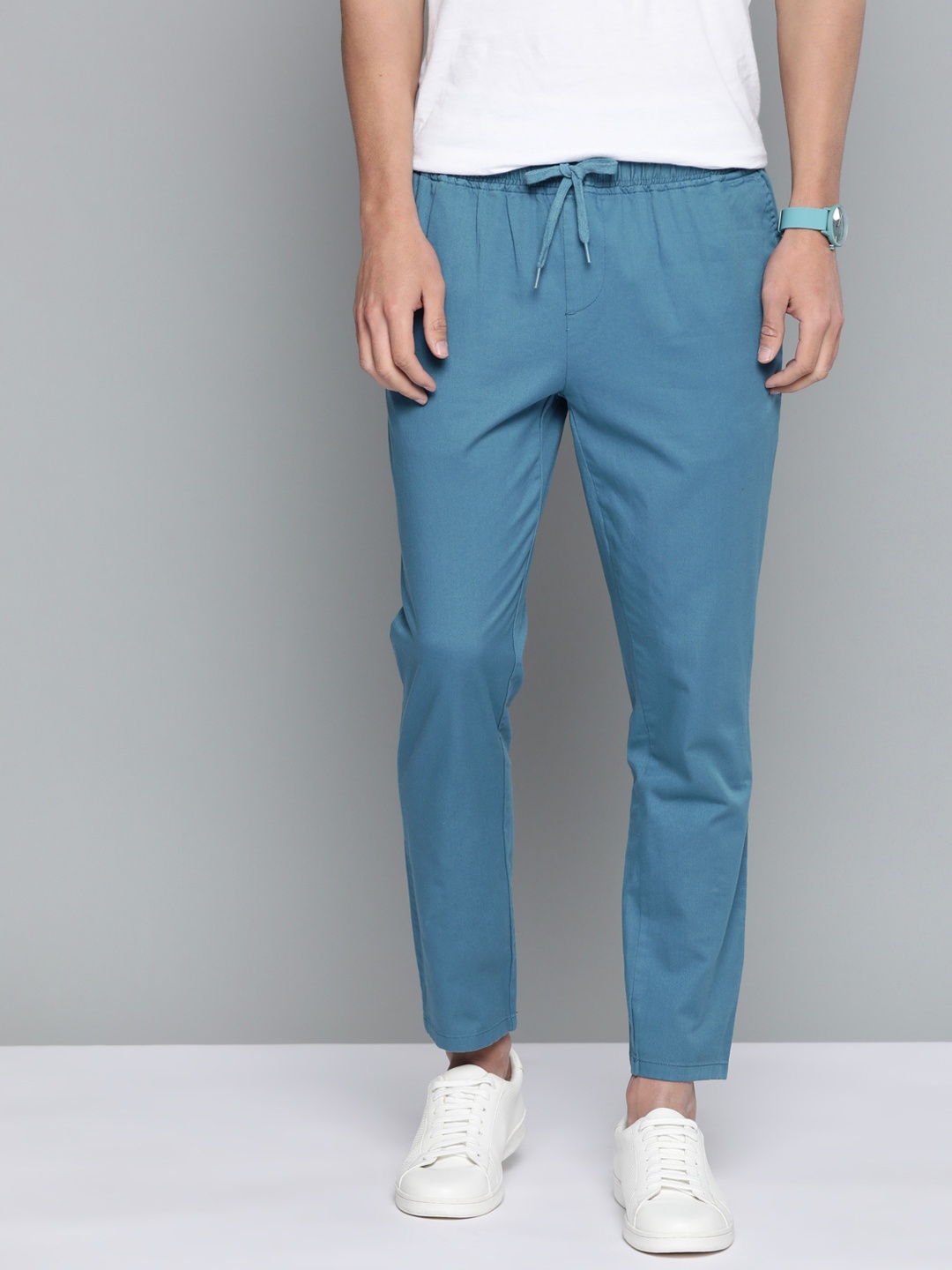 

Mast & Harbour Men Teal Blue Solid Pure Cotton Track Pants