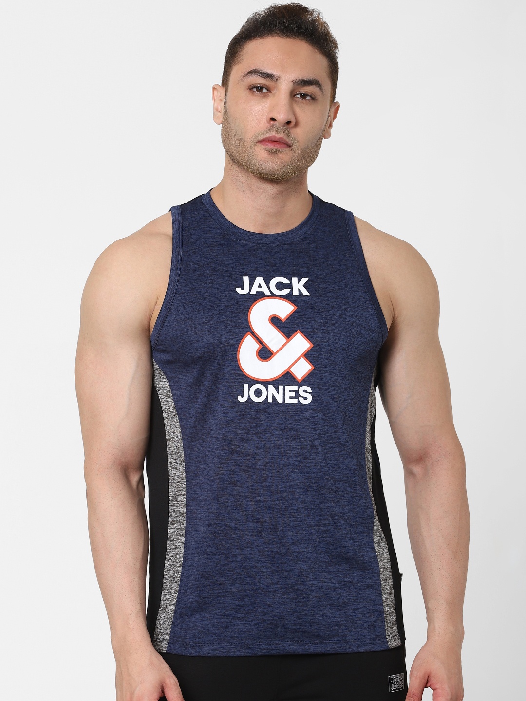 

Jack & Jones Men Navy Blue & Black Colourblocked Gym Vest