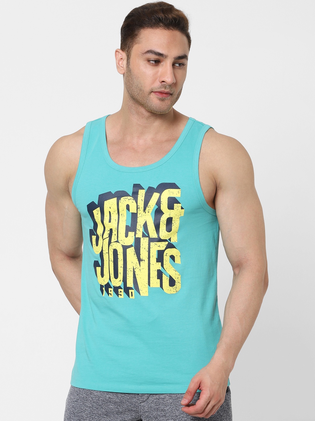 

Jack & Jones Men Turquoise Blue Printed Tank Vest