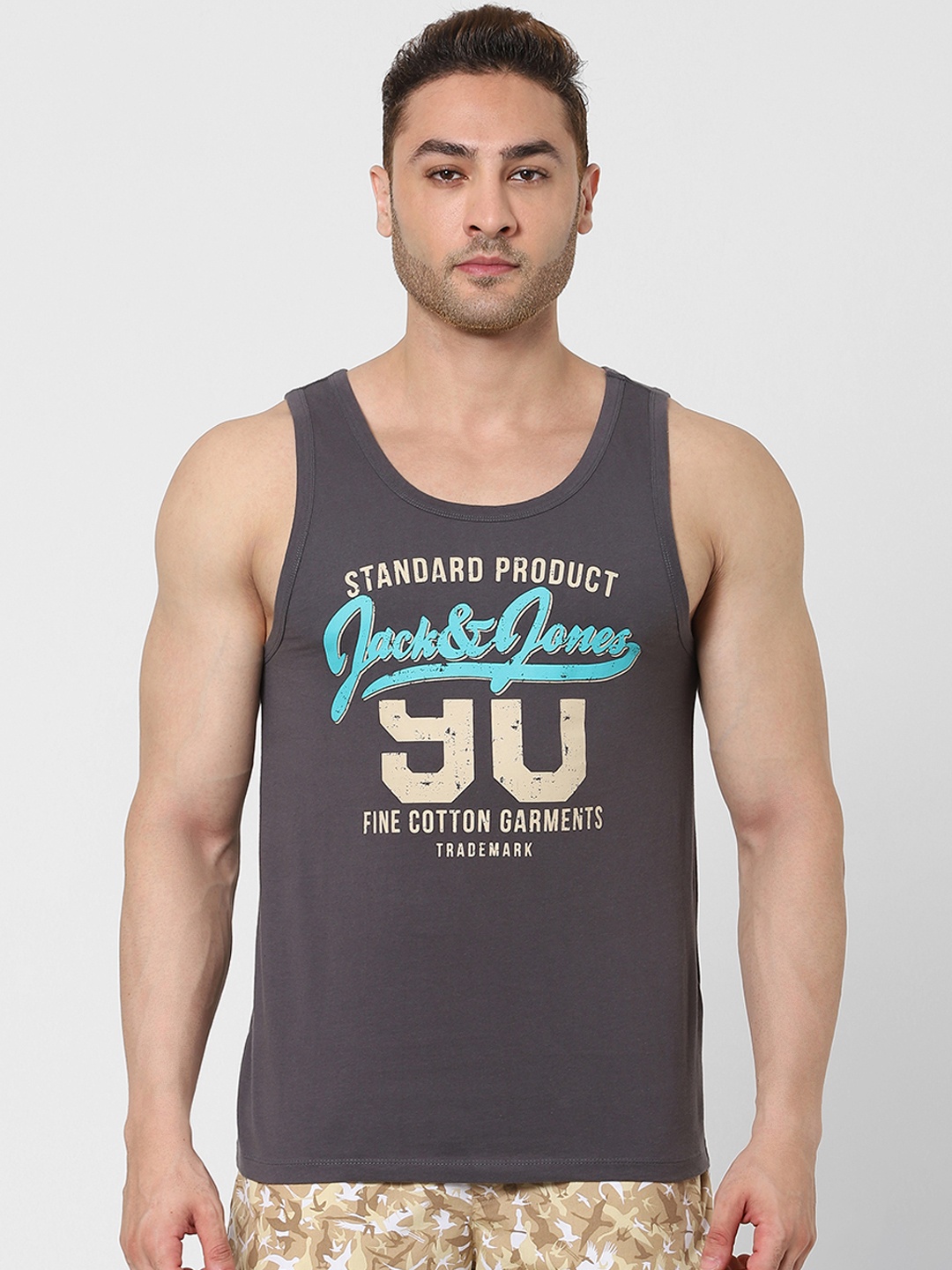 

Jack & Jones Men Charcoal Black Printed Tank Vest