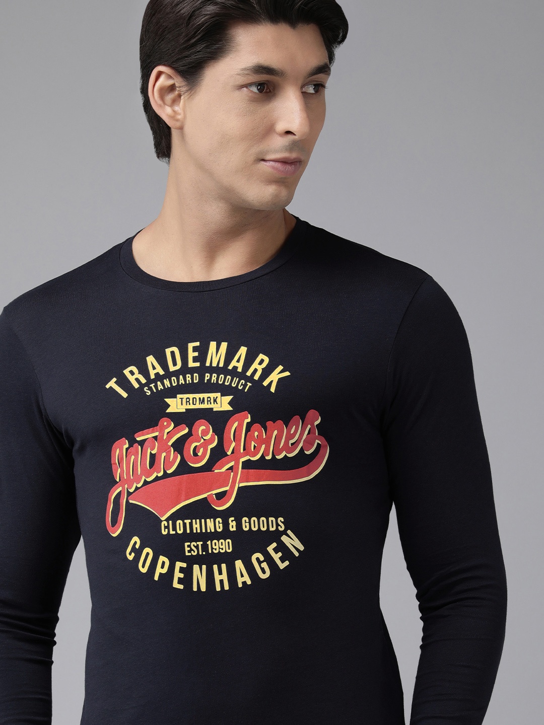 

Jack & Jones Men Navy Blue Brand Logo Printed Pure Cotton Lounge T-shirt