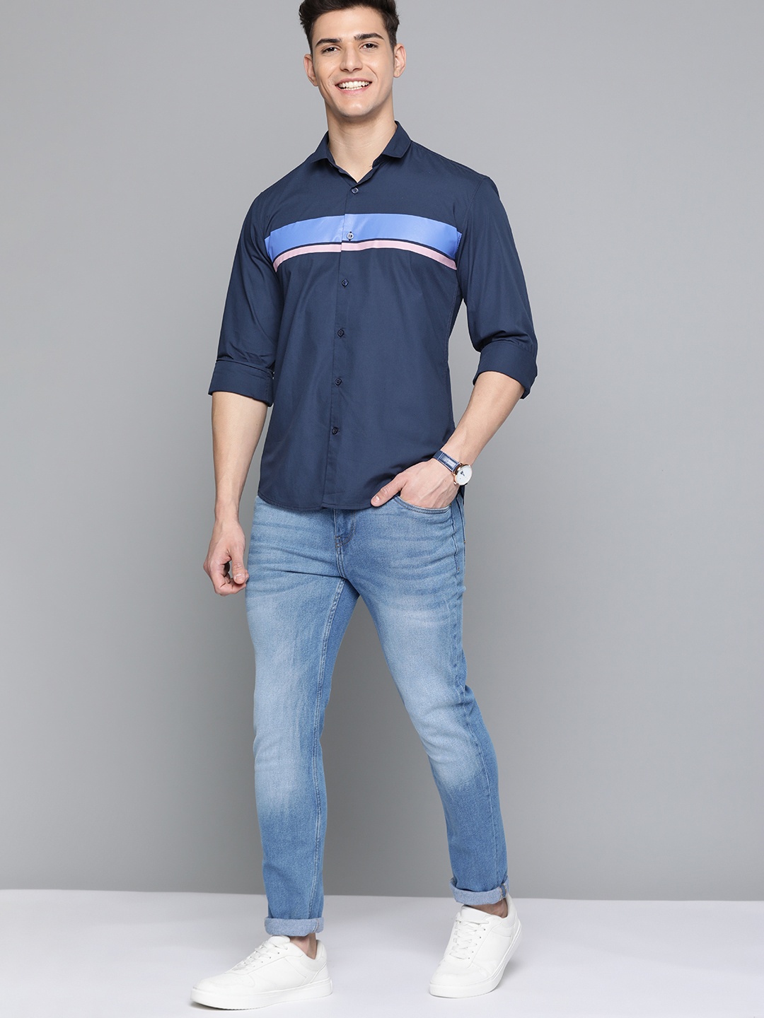 

Mast & Harbour Men Navy Blue Pure Cotton Casual Shirt