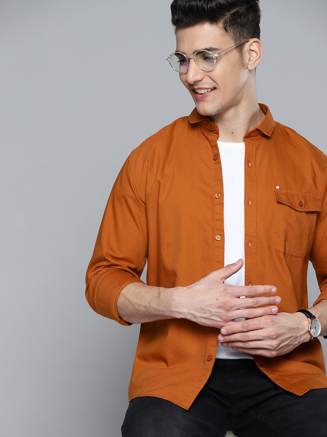 

Mast & Harbour Men Rust Orange Solid Cotton Casual Shirt