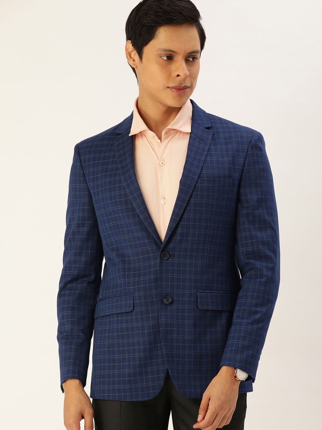 

Peter England Men Navy Blue Neo Slim Fit Checked Single-Breasted Formal Blazer