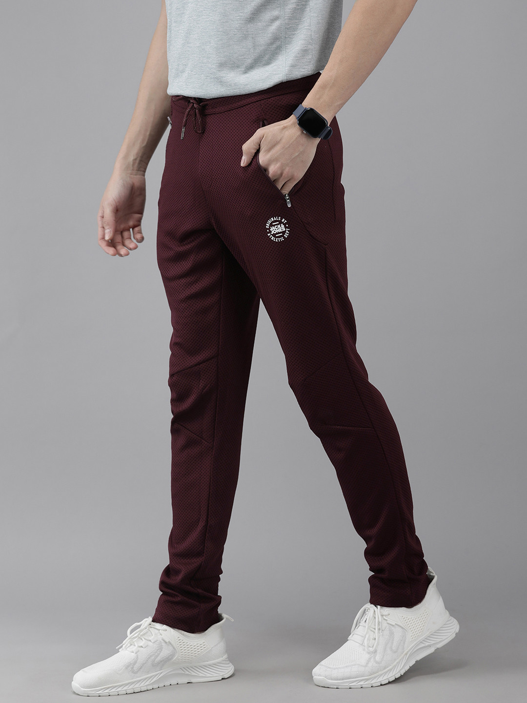 

Jack & Jones Men Maroon Self Designed Track Pants