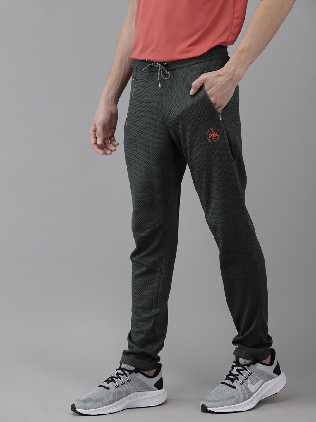 

Jack & Jones Men Grey Self Designed Track Pants