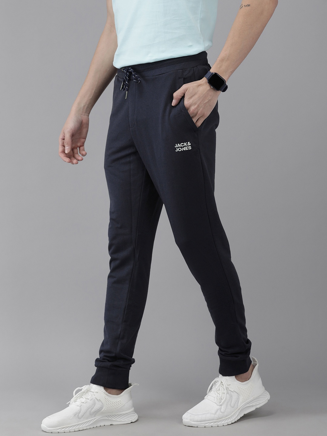 

Jack & Jones Men Navy Blue & Grey Printed Joggers