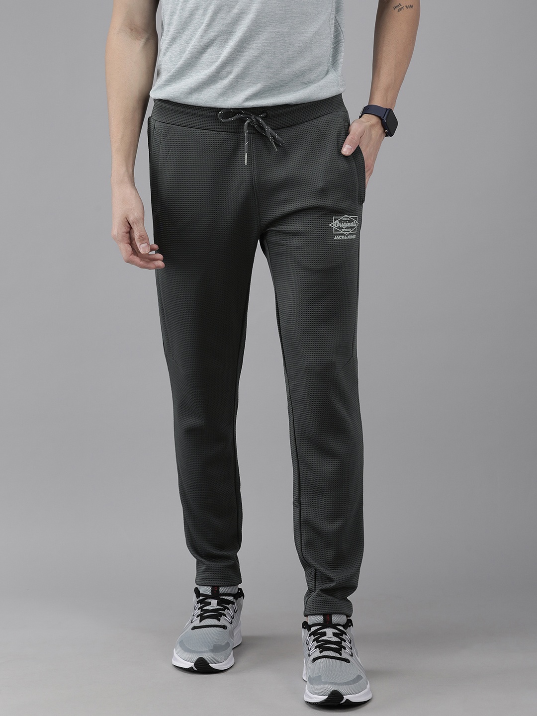 

Jack & Jones Men Grey Self Designed Track Pants