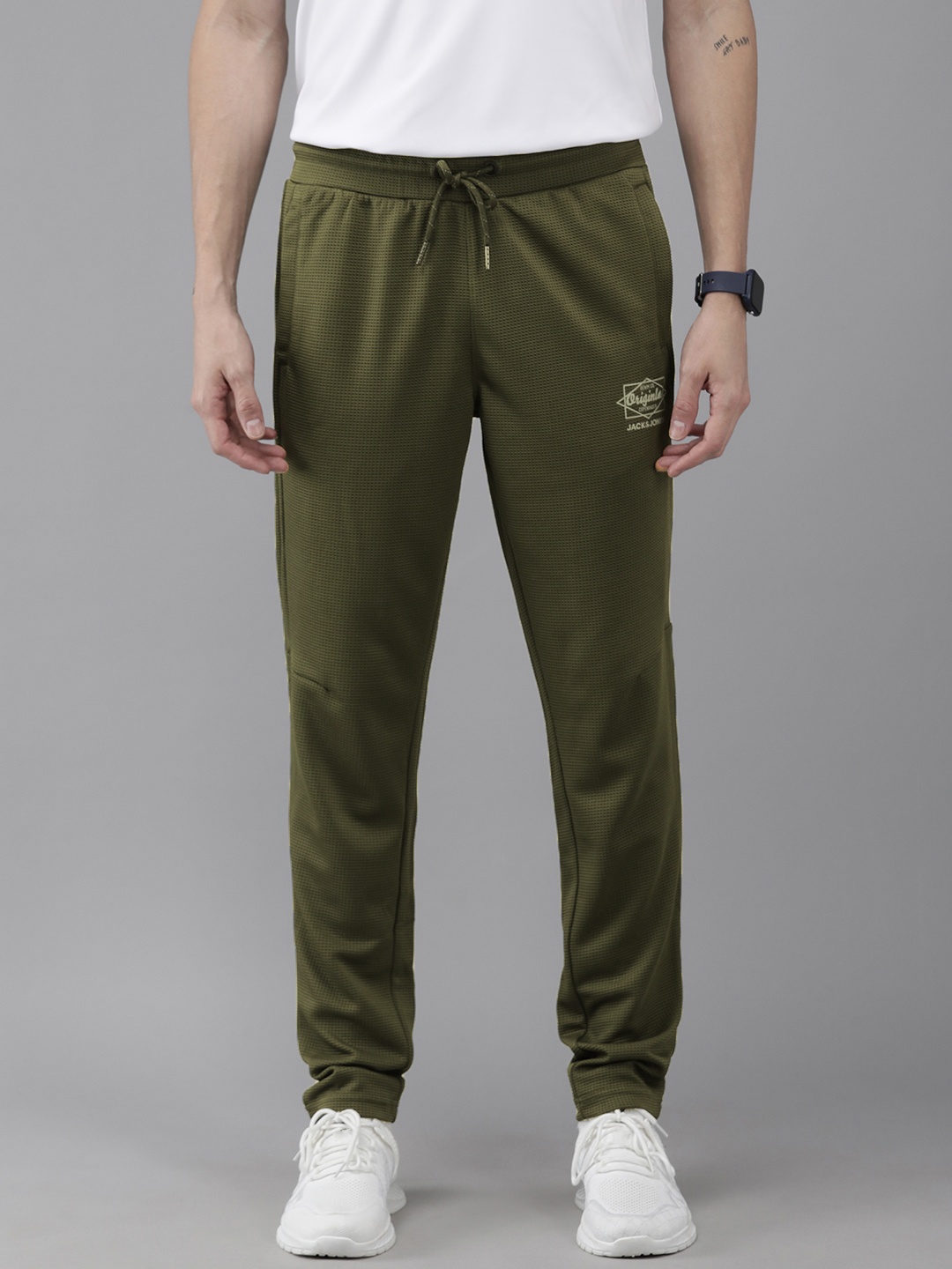 

Jack & Jones Men Olive Green Self Designed Track Pants