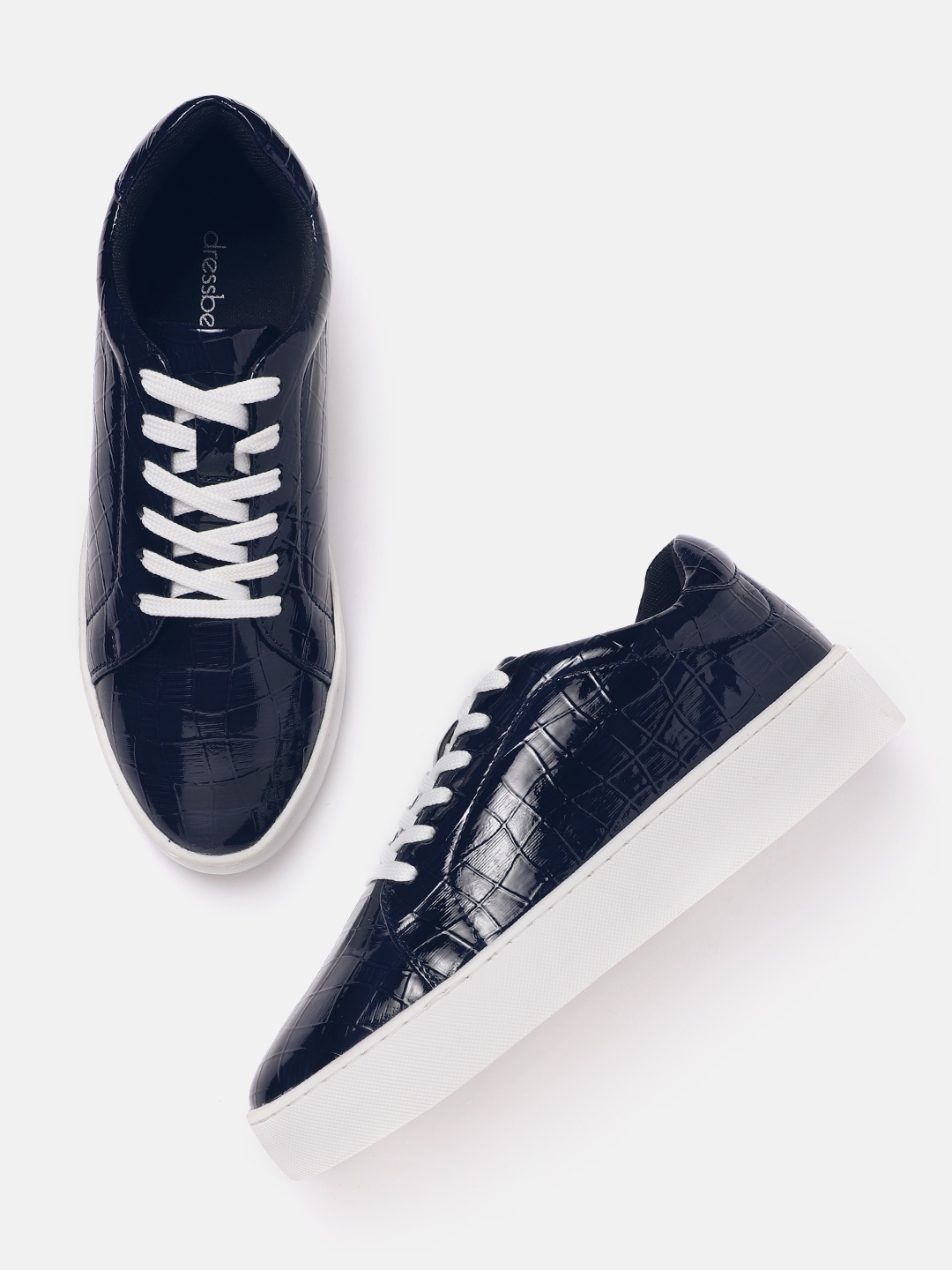 

DressBerry Women Navy Blue Croc Textured Flatform Sneakers