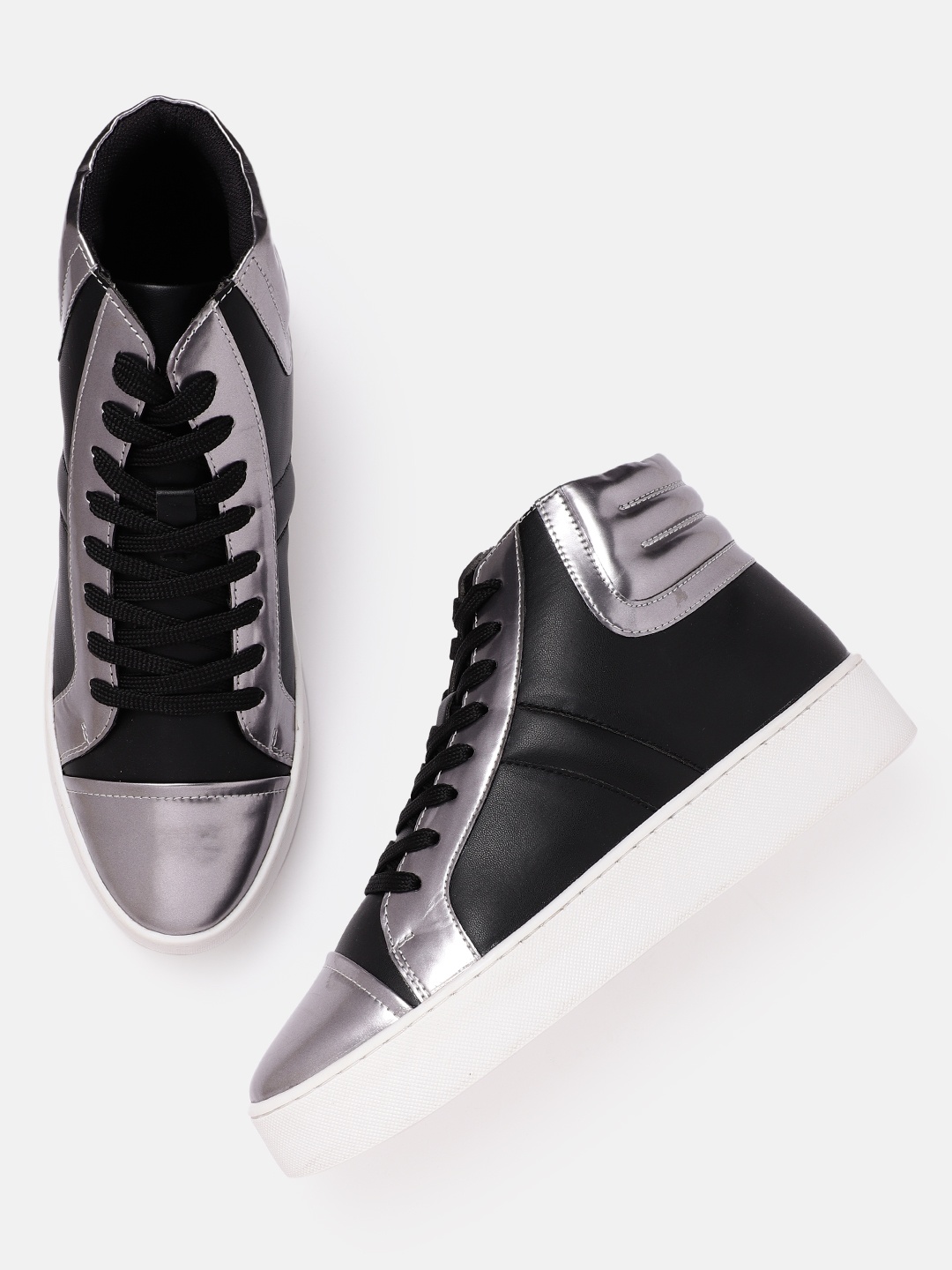 

DressBerry Women Black & Gunmetal-Toned Colourblocked Mid-Top Flatform Sneakers