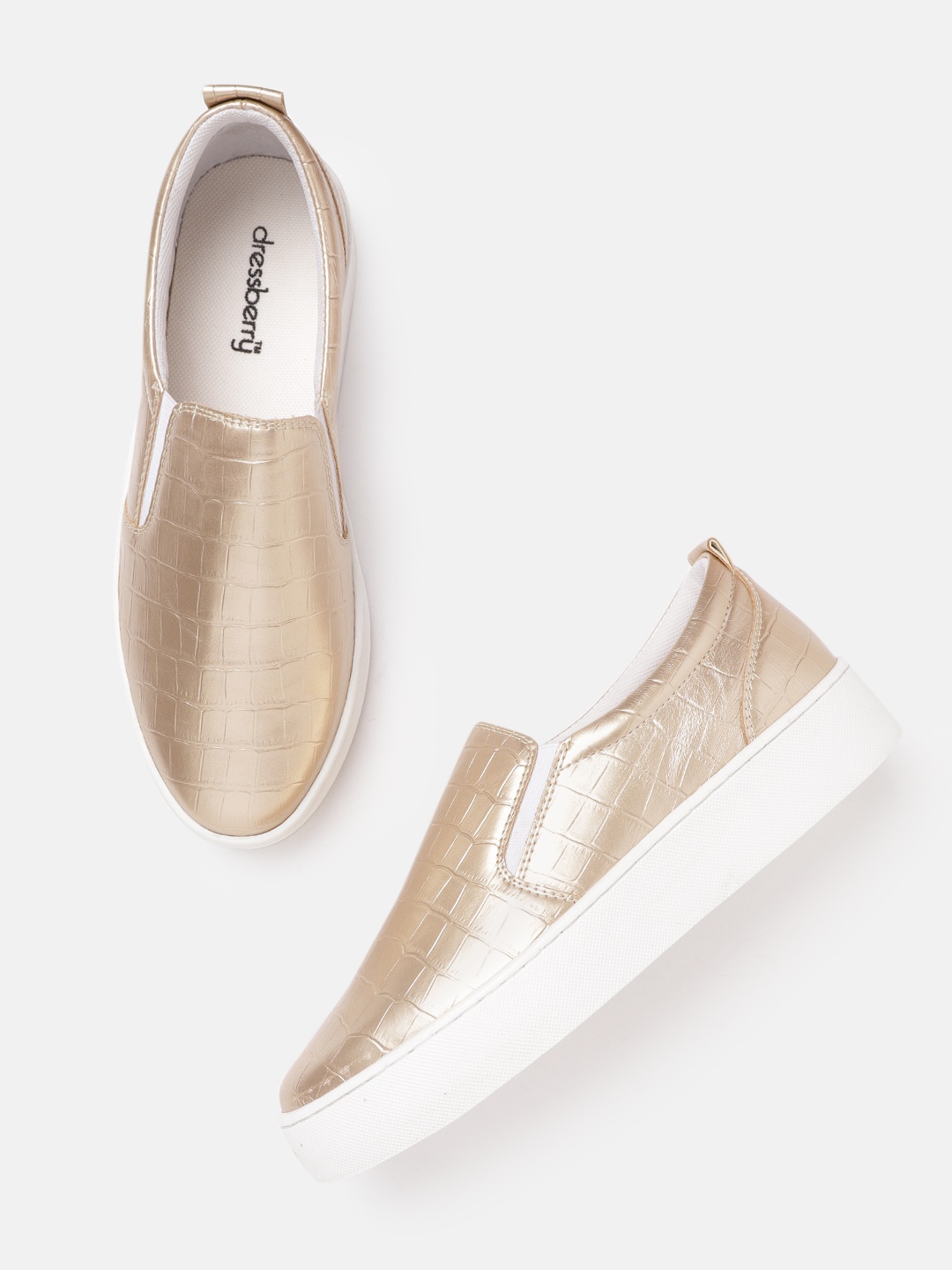 

DressBerry Women Gold-Toned Croc Textured Flatform Slip-On Sneakers