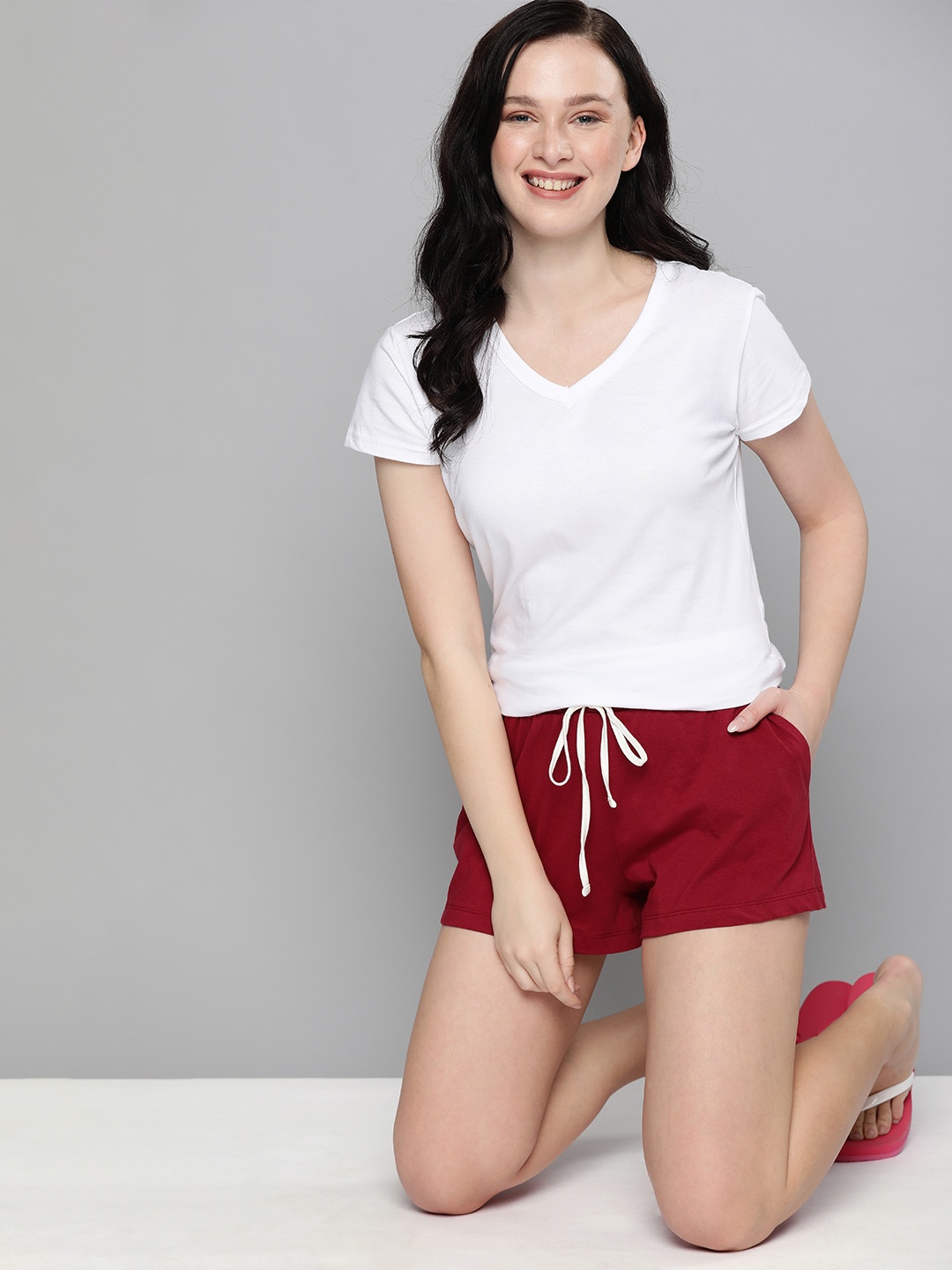 

HERE&NOW Women Maroon Solid Pure Cotton Lounge Shorts