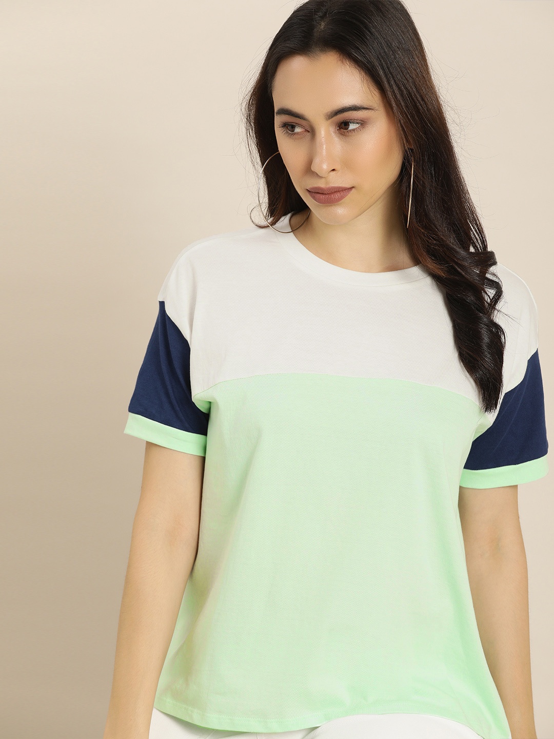 

Moda Rapido Women Mint Green White Colourblocked Pure Cotton Casual Pure Cotton T-shirt