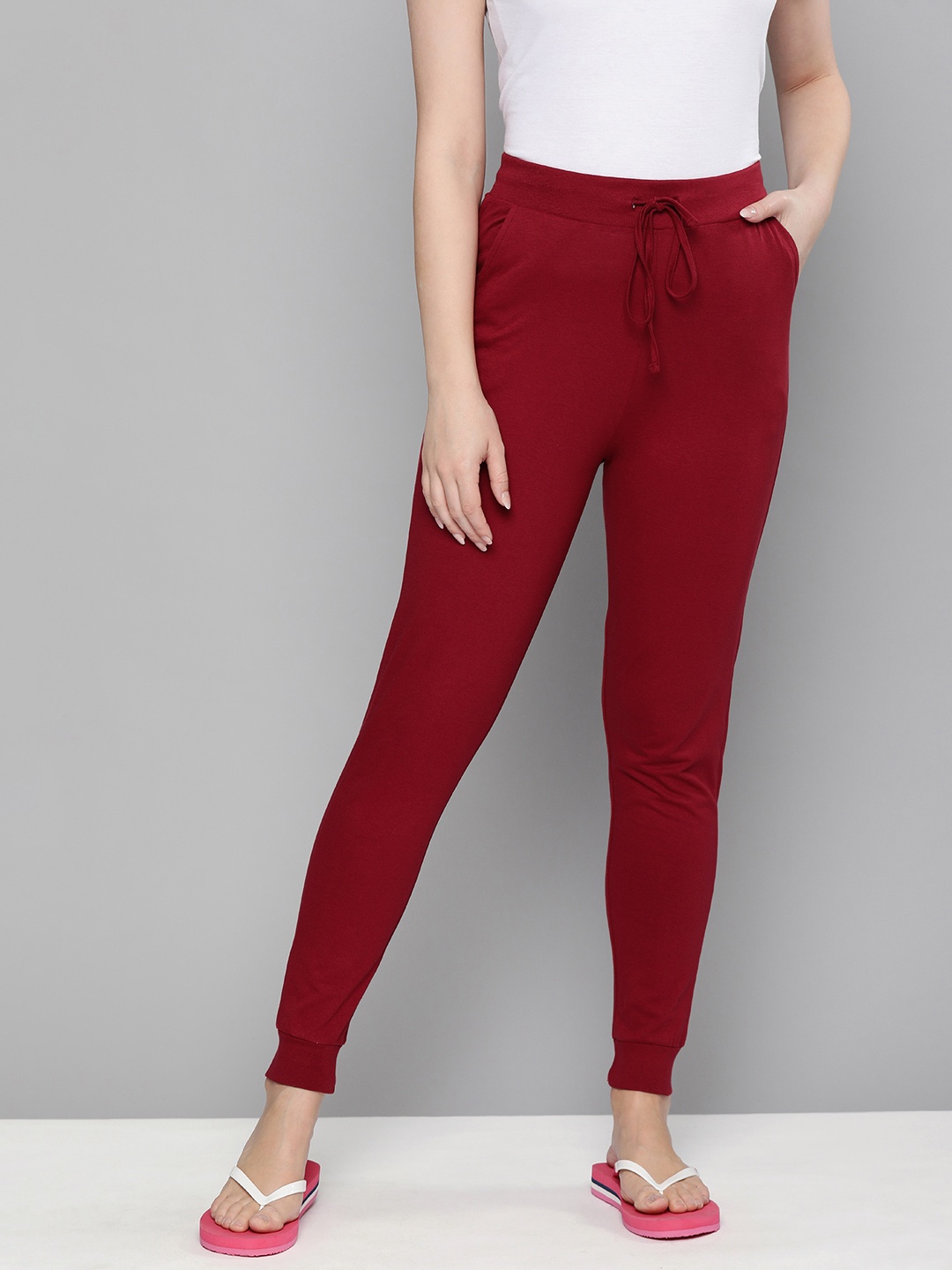 

HERE&NOW Women Red Solid Pure Cotton Jogger Lounge Pants