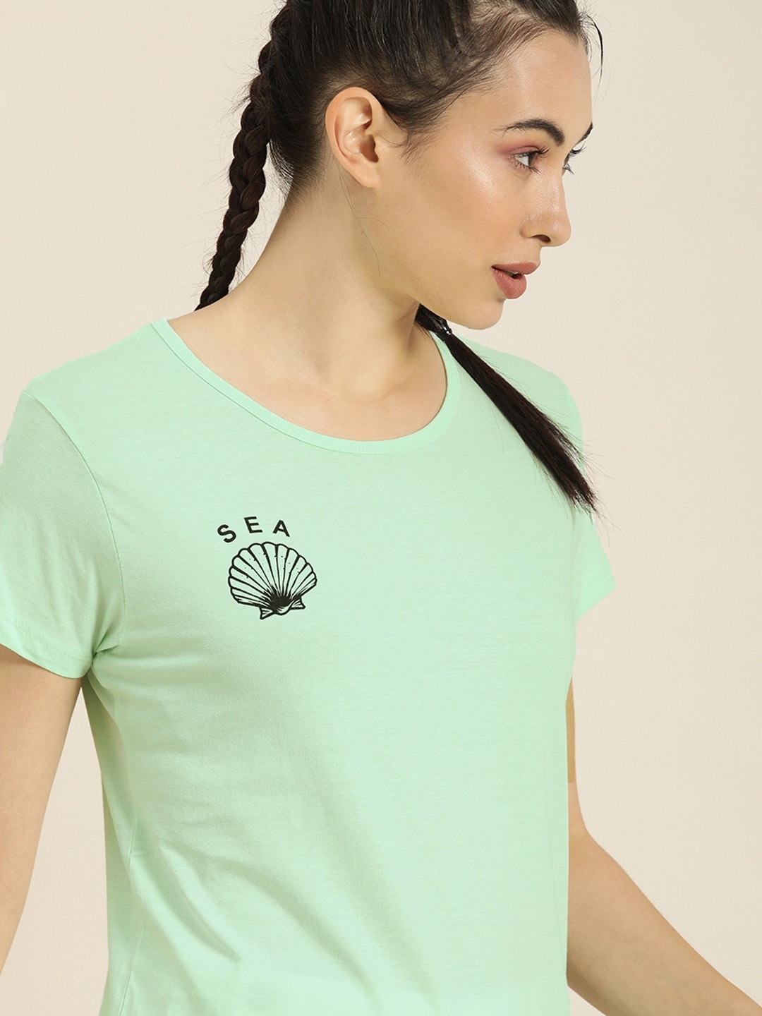 

Moda Rapido Women Sea Green Black Typography Printed Pure Cotton T-shirt