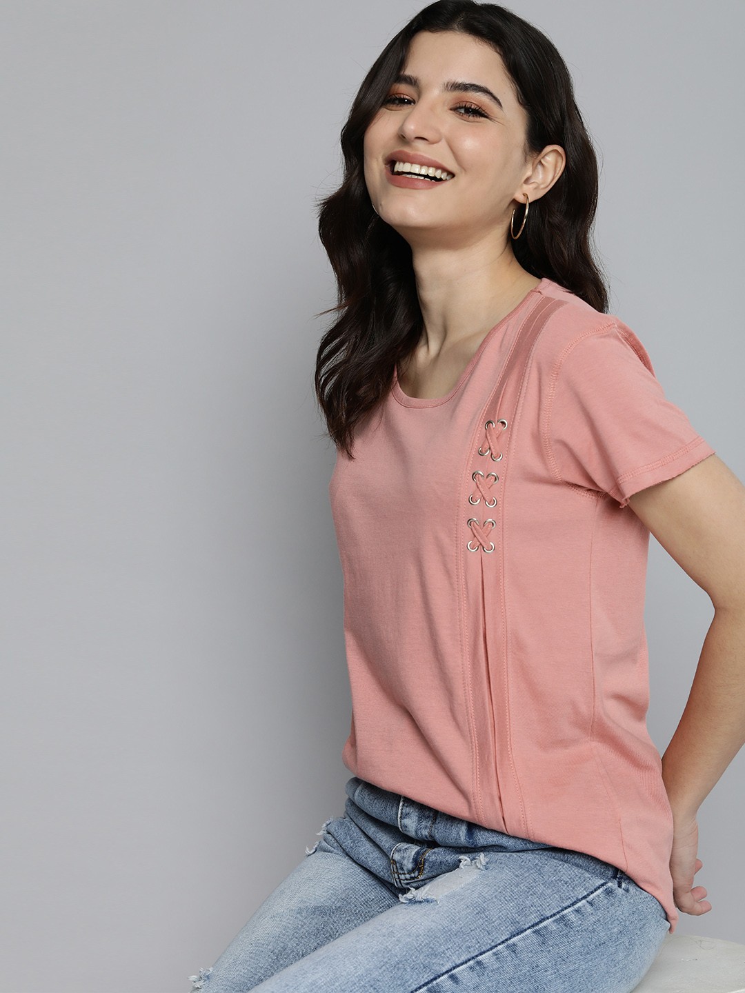 

HERENOW Women Pink Solid Pure Cotton T-shirt