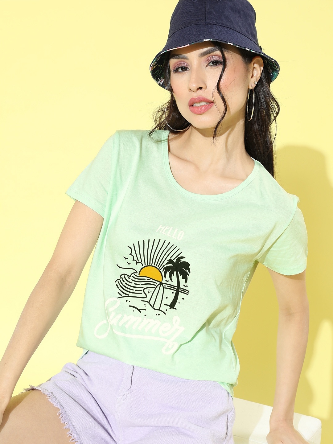 

HERENOW Women Lime Green Black Printed Pure Cotton T-shirt