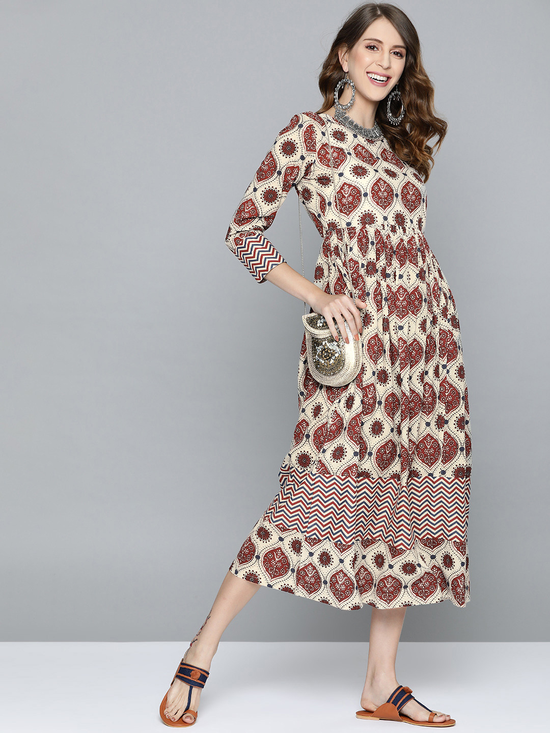 

HERE&NOW Grey & Maroon Cotton Ethnic Motifs Midi Dress