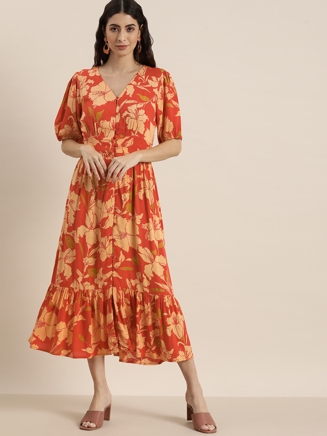 

all about you Orange Floral Midi Dress