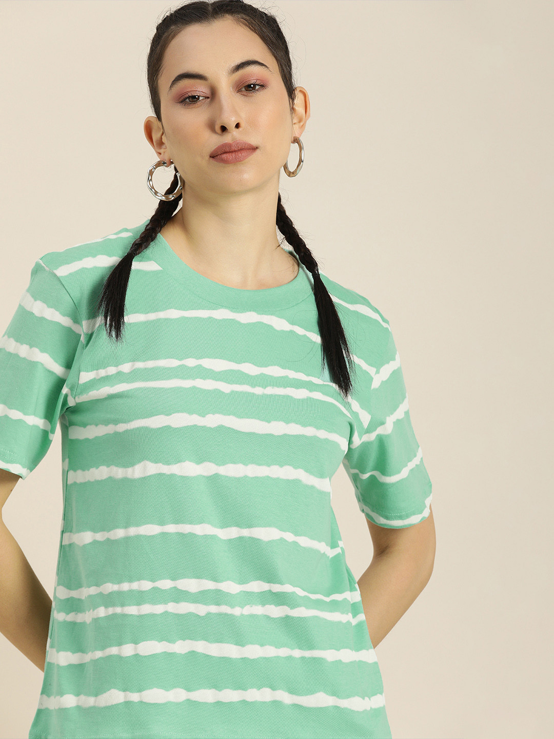 

Moda Rapido Women Green White Striped Pure Cotton T-shirt