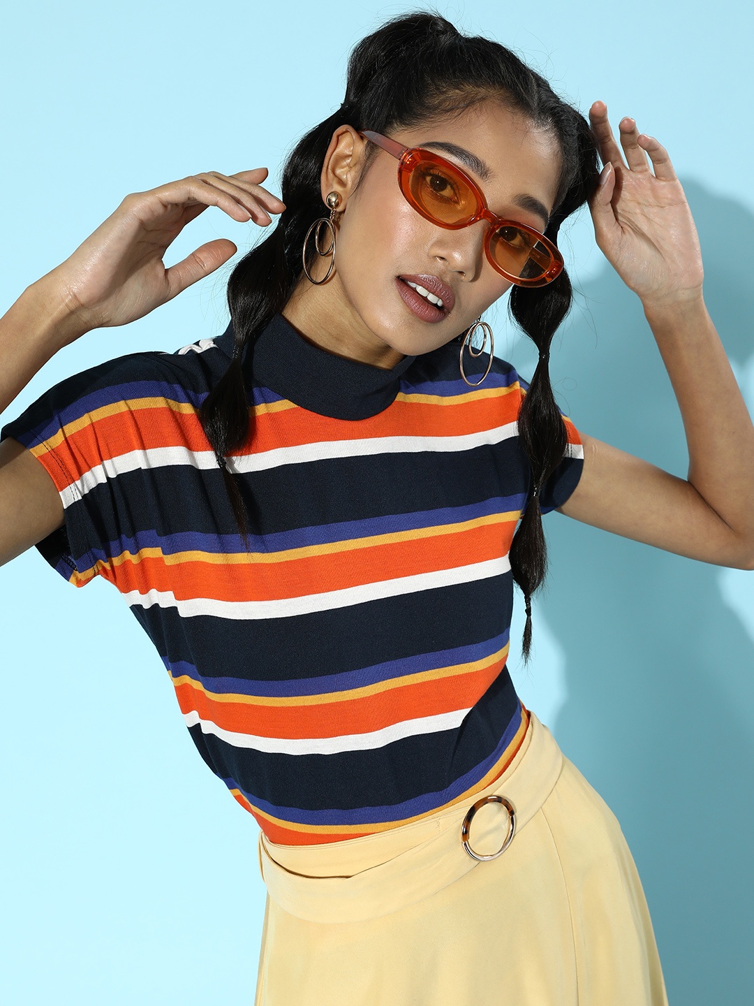 

HERENOW Women Navy Blue Striped Tshirt