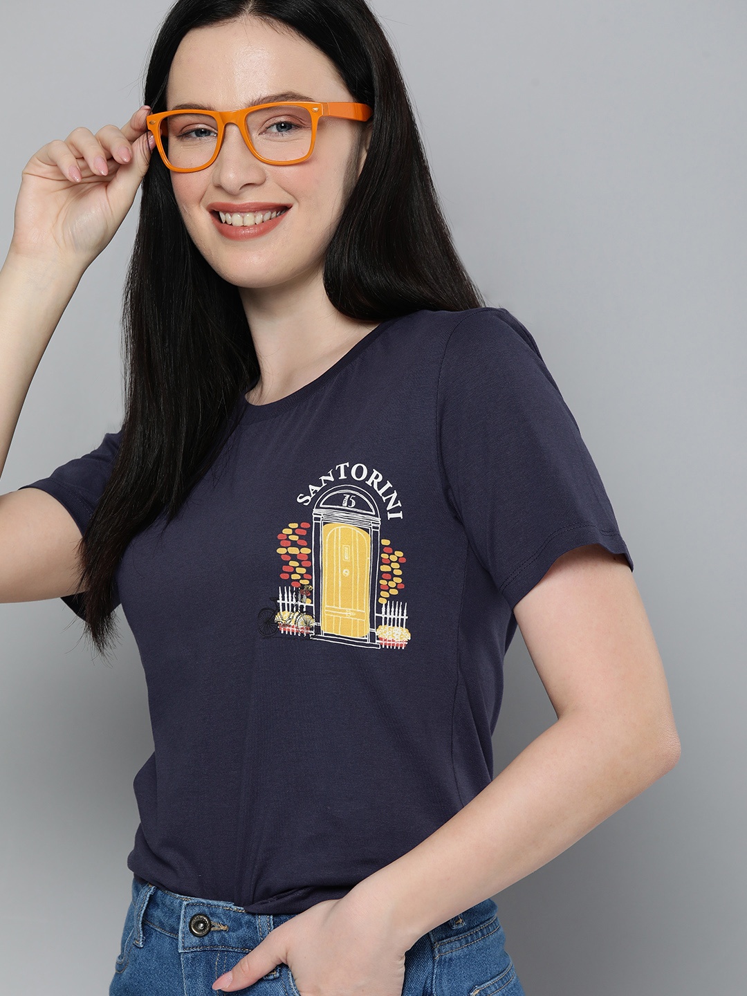 

HERENOW Women Navy Blue Printed Pure Cotton T-shirt