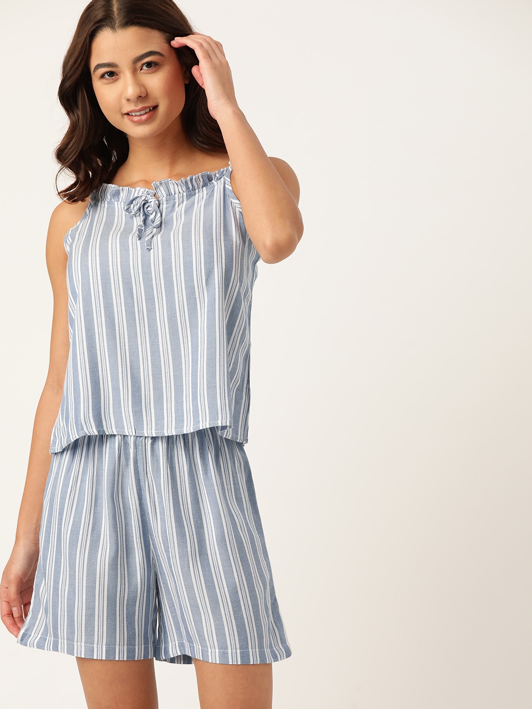 

ETC Women Grey & White Striped Shorts Set