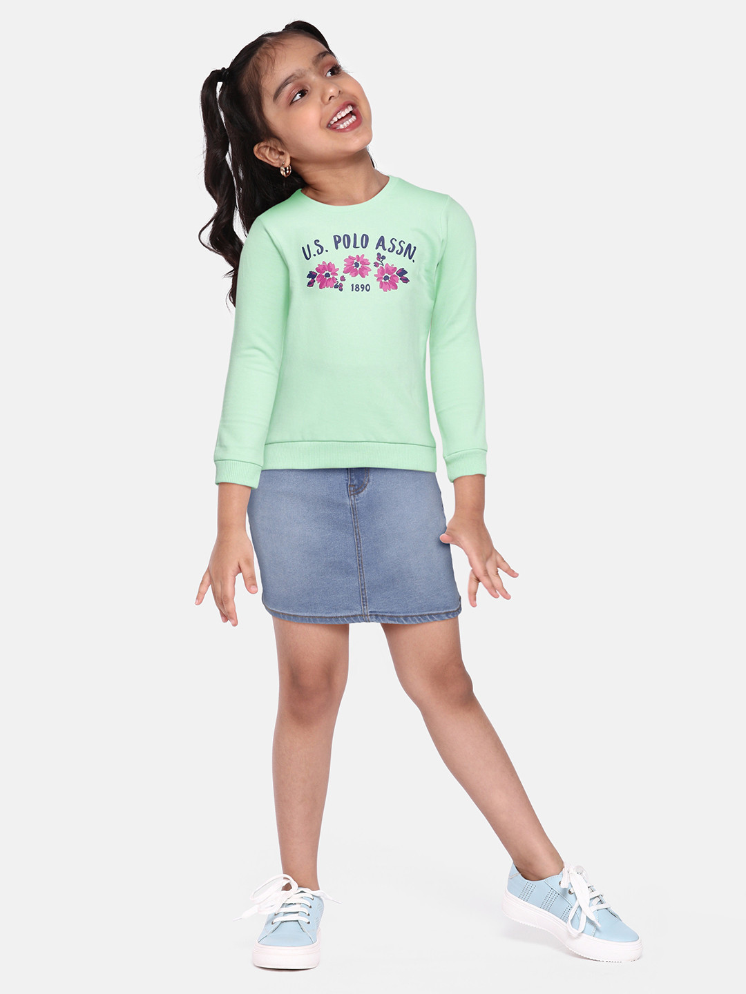 

U S Polo Assn Kids Girls Green Typography Printed Pure Cotton Pullover