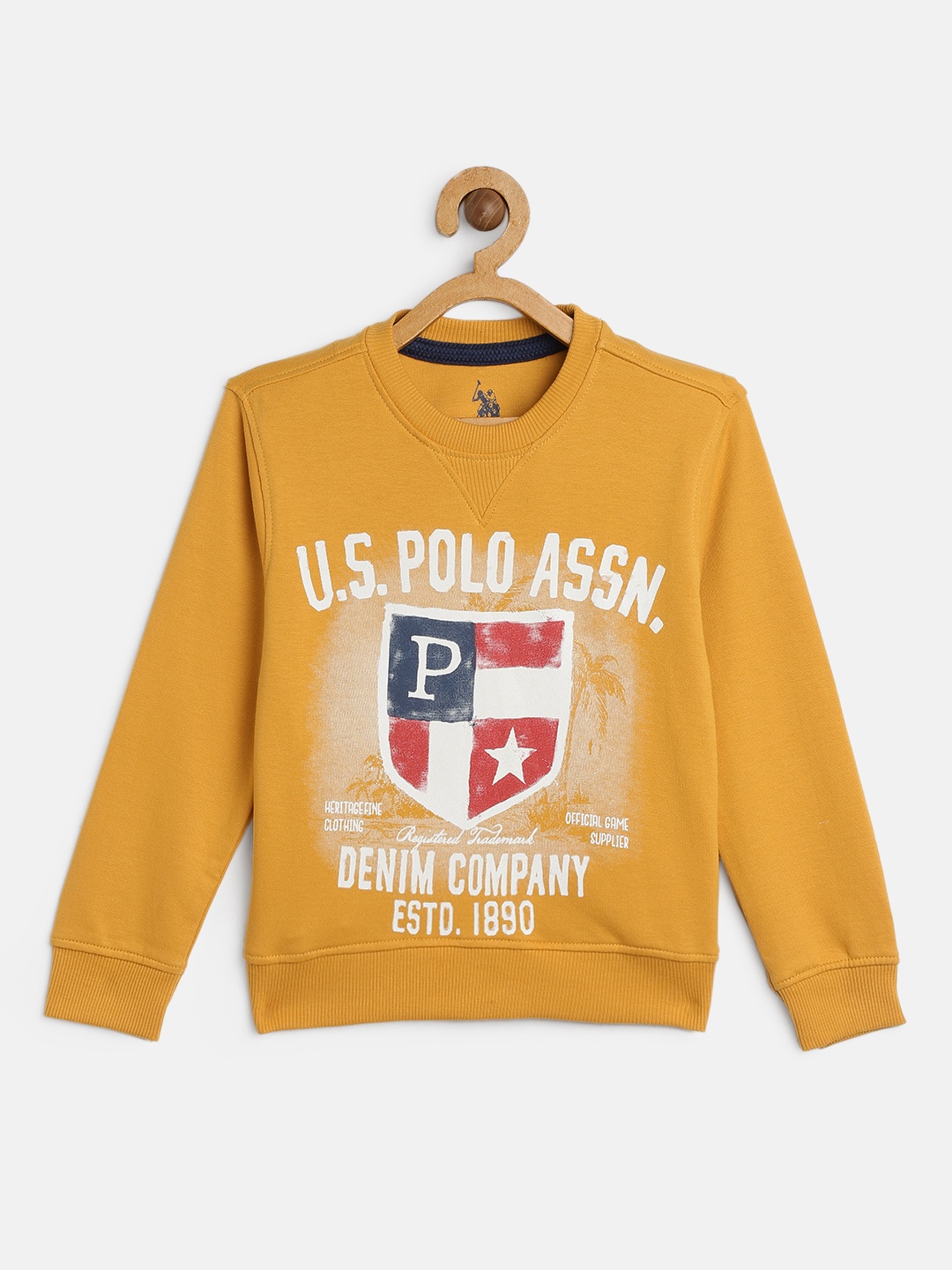 

U.S. Polo Assn. Kids Boys Mustard Yellow Brand Logo Printed Pure Cotton Sweatshirt