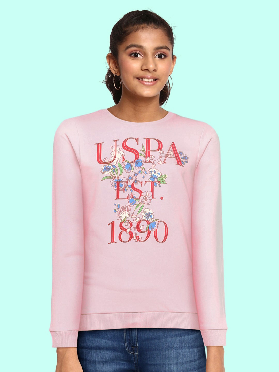 

U.S. Polo Assn. Kids Girls Pink Floral Printed Pure Cotton Sweatshirt