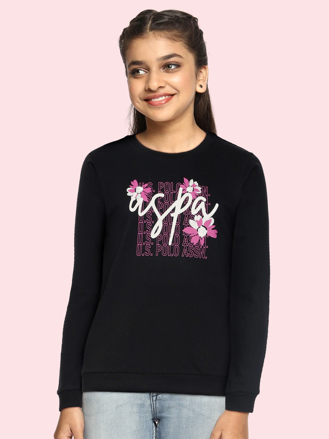 

U.S. Polo Assn. Kids Girls Black Printed Pure Cotton Sweatshirt