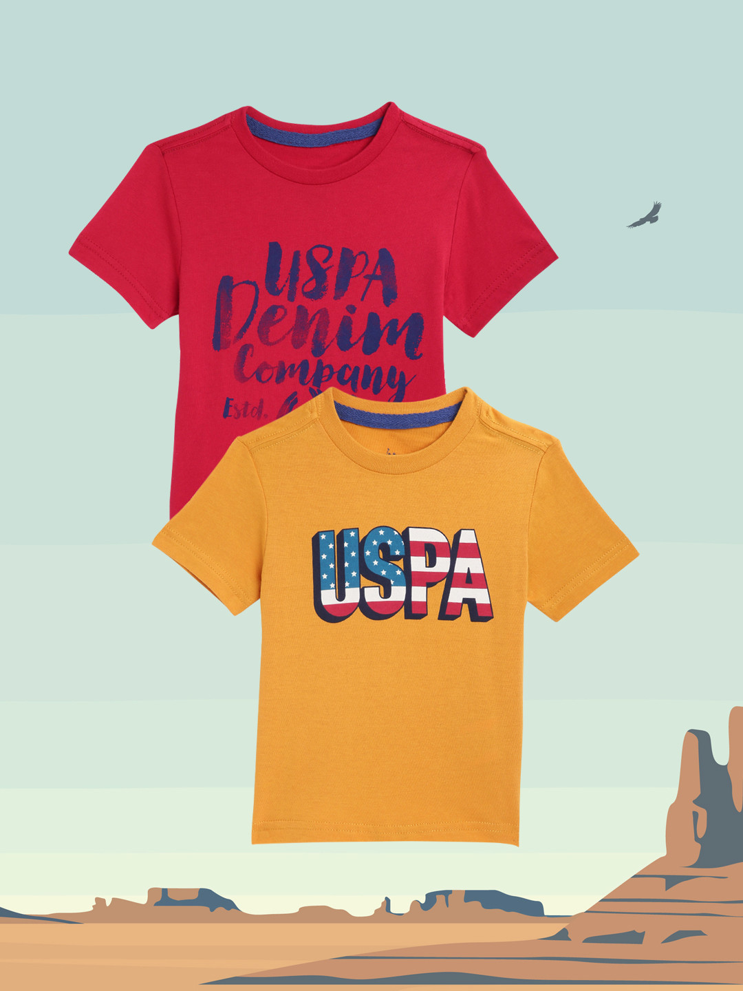 

U S Polo Assn Kids Boys Red Yellow Pack of 2 Typography Pure Cotton T-shirt