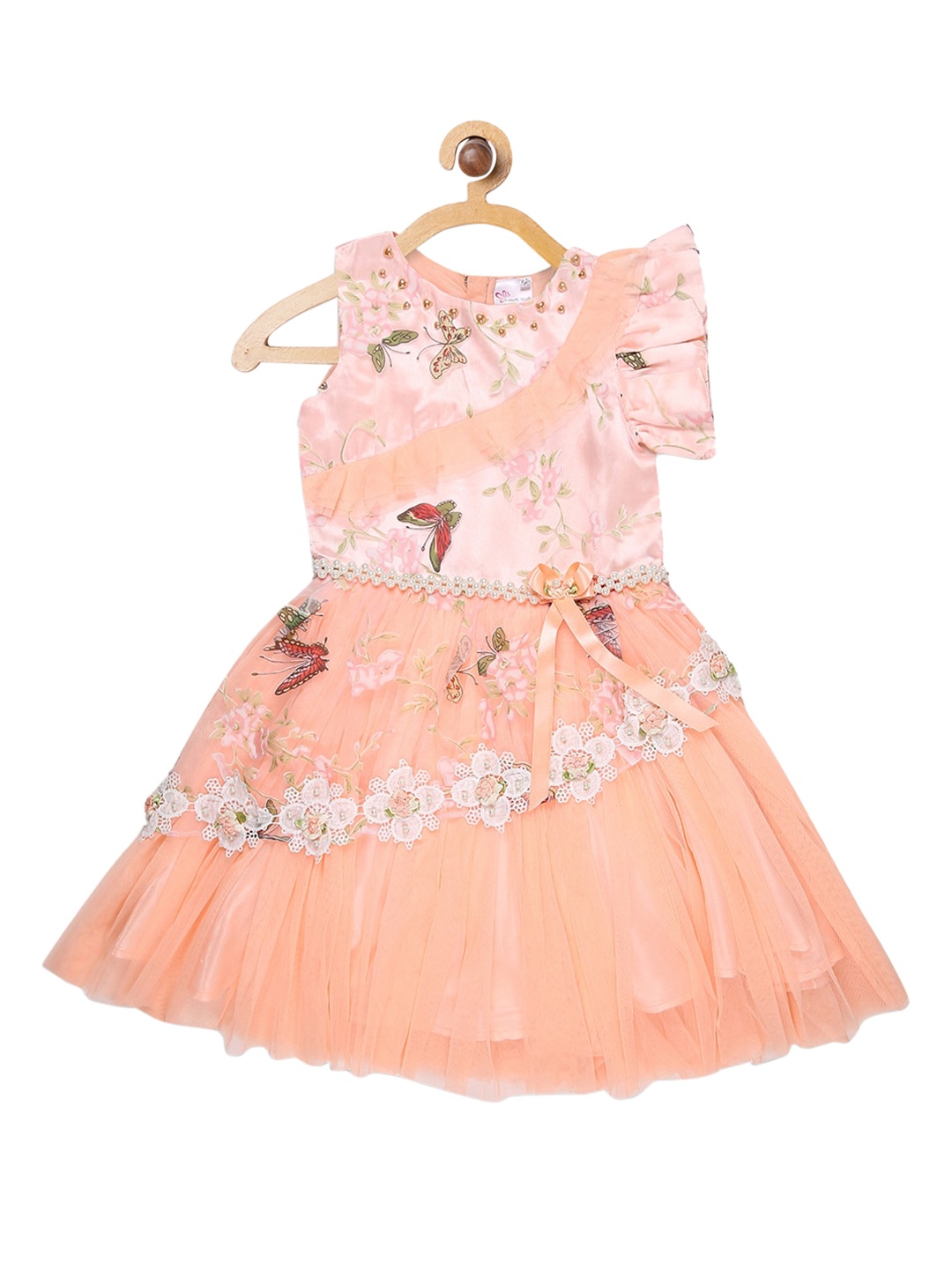 

Butterfly Blush Girls Peach-Coloured Floral Printed & Pearl Embellished Fit & Flare Dress