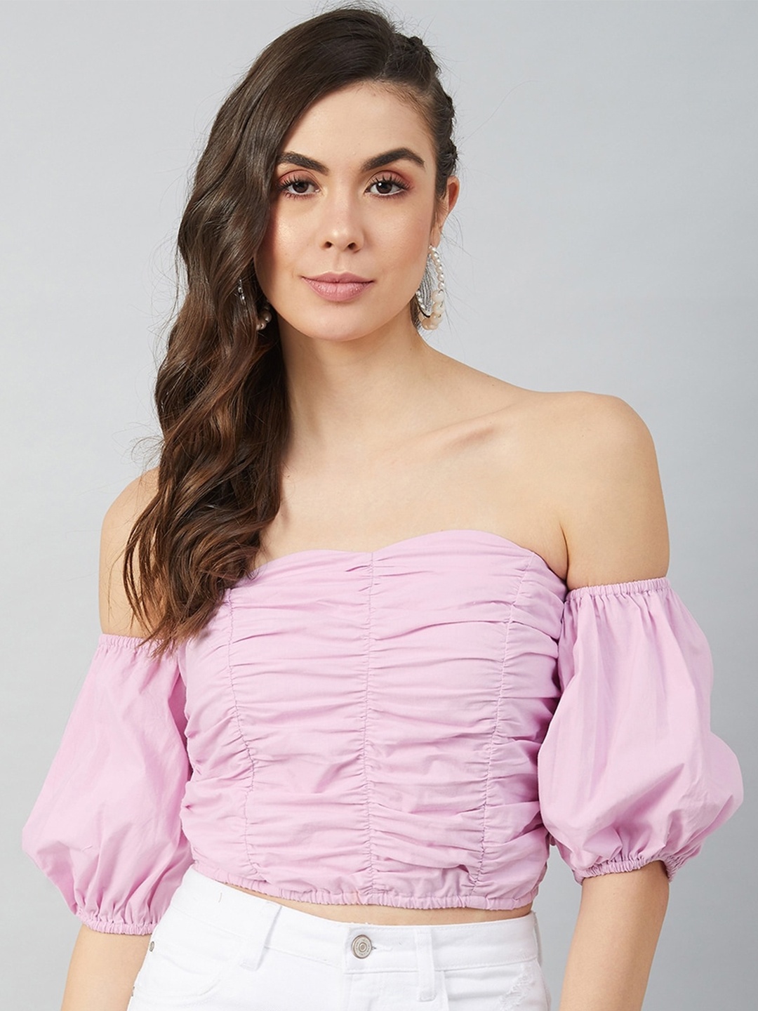 

Athena Women Lavender Striped Off-Shoulder Puff Sleeve Bardot Crop Top