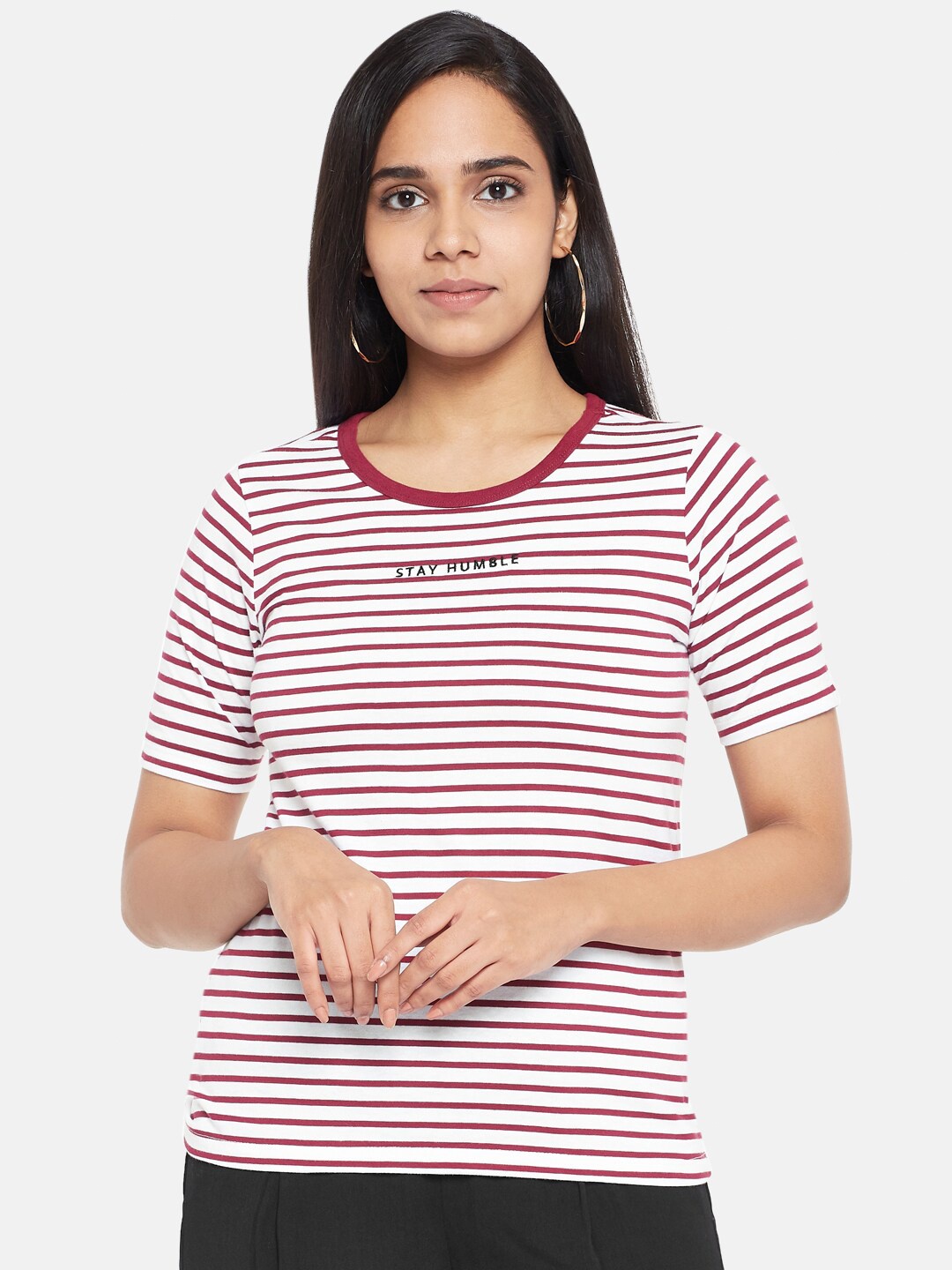 

Honey by Pantaloons Women Red White Pure Cotton Striped Round Neck Pure Cotton T-shirt