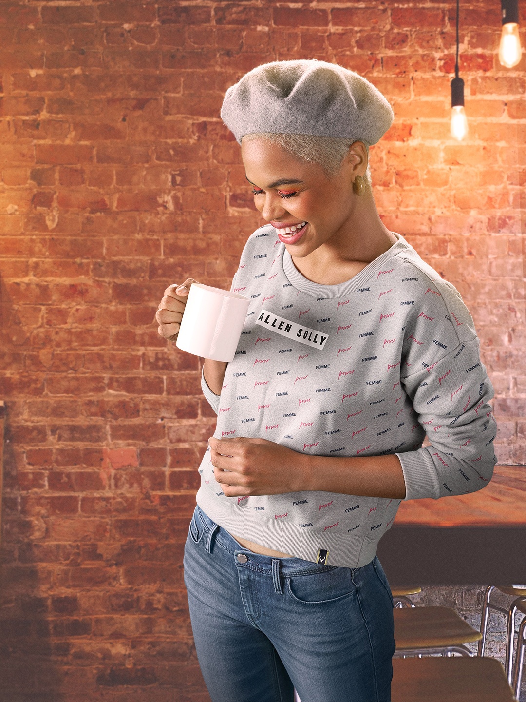 

Allen Solly Woman Grey & Navy Blue Typography Printed Sweatshirt