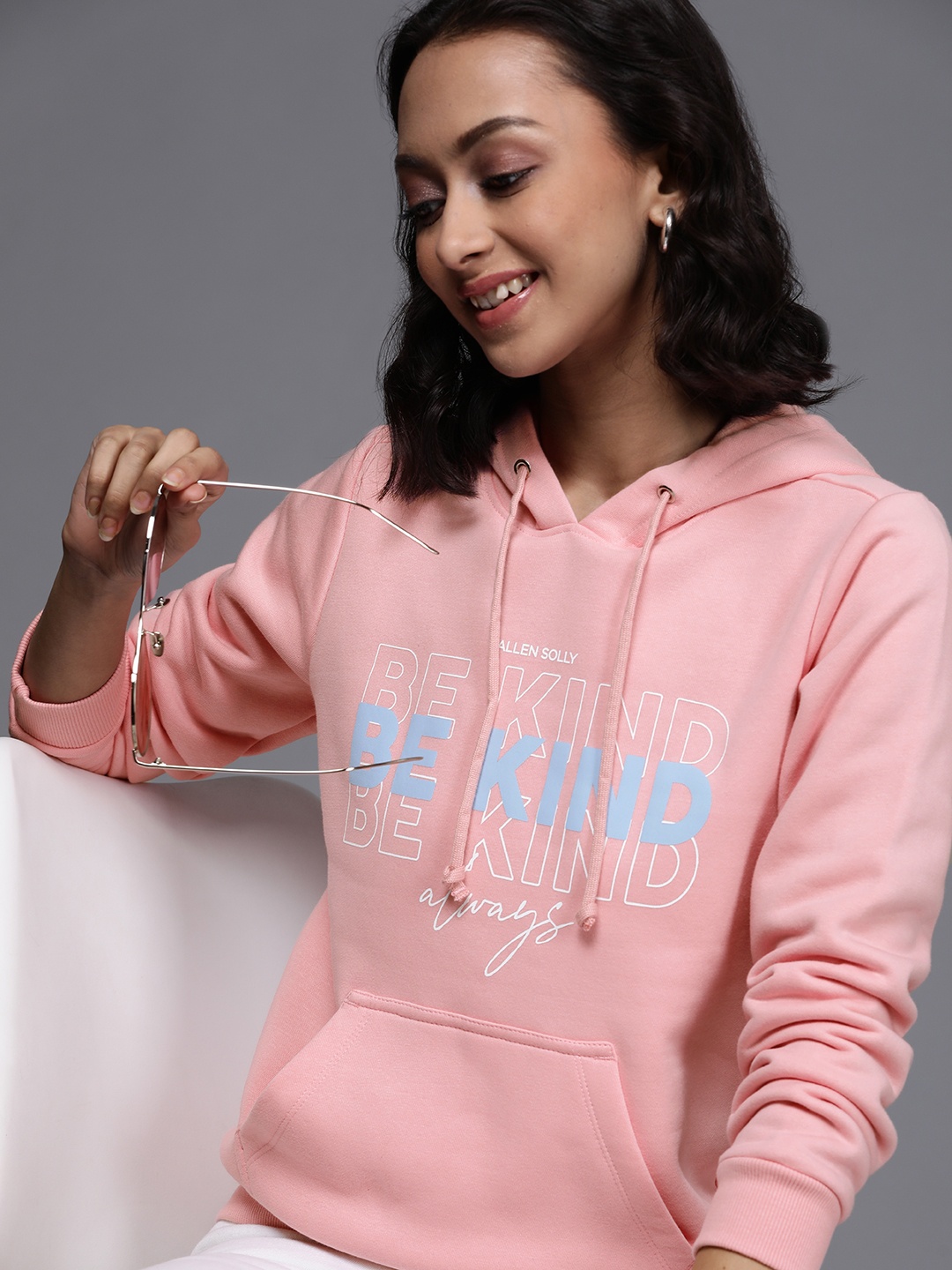 

Allen Solly Woman Women Pink & Blue Typographic Print Hooded Sweatshirt